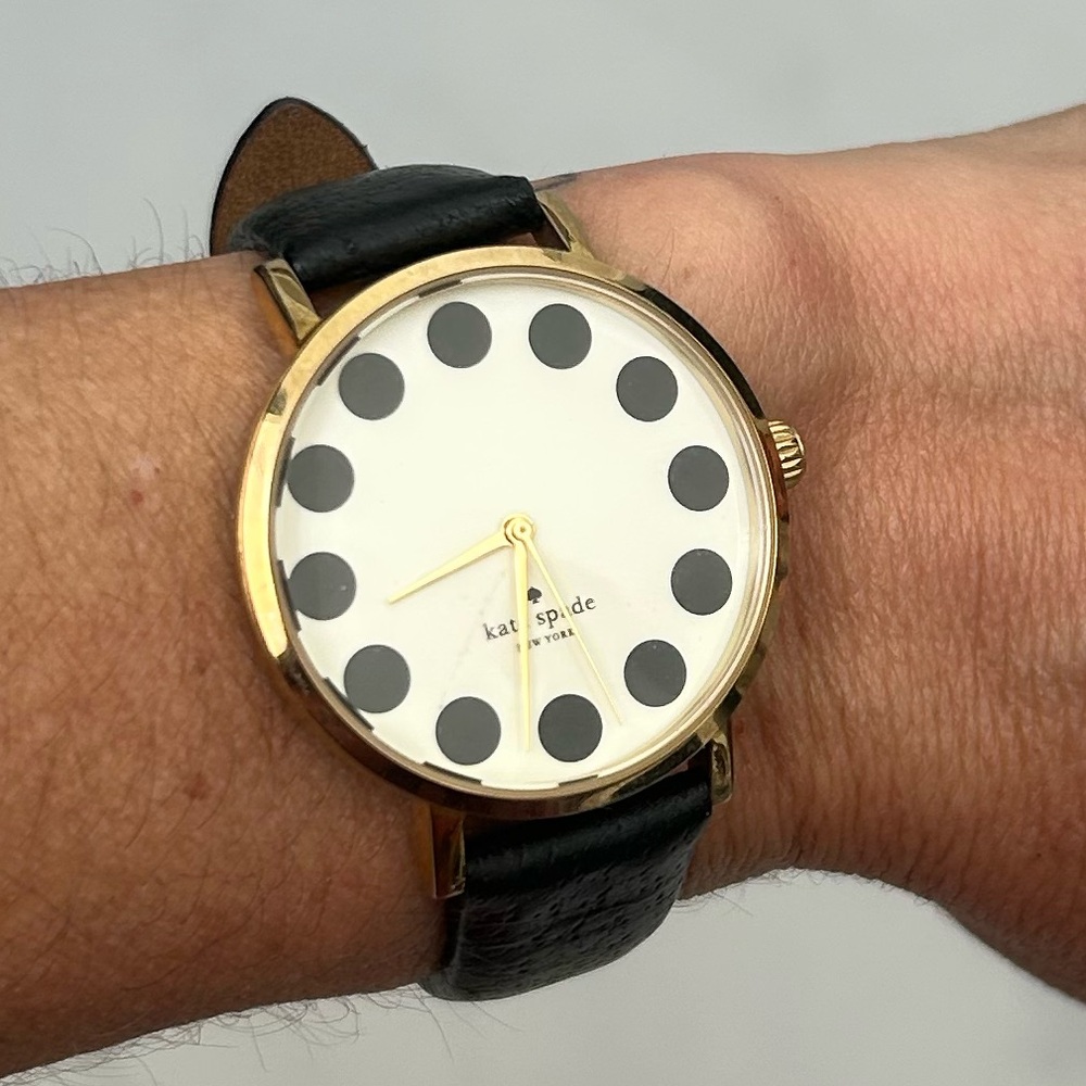 Kate Spade New York Black Dot Metro Watch Gold Tone Leather
